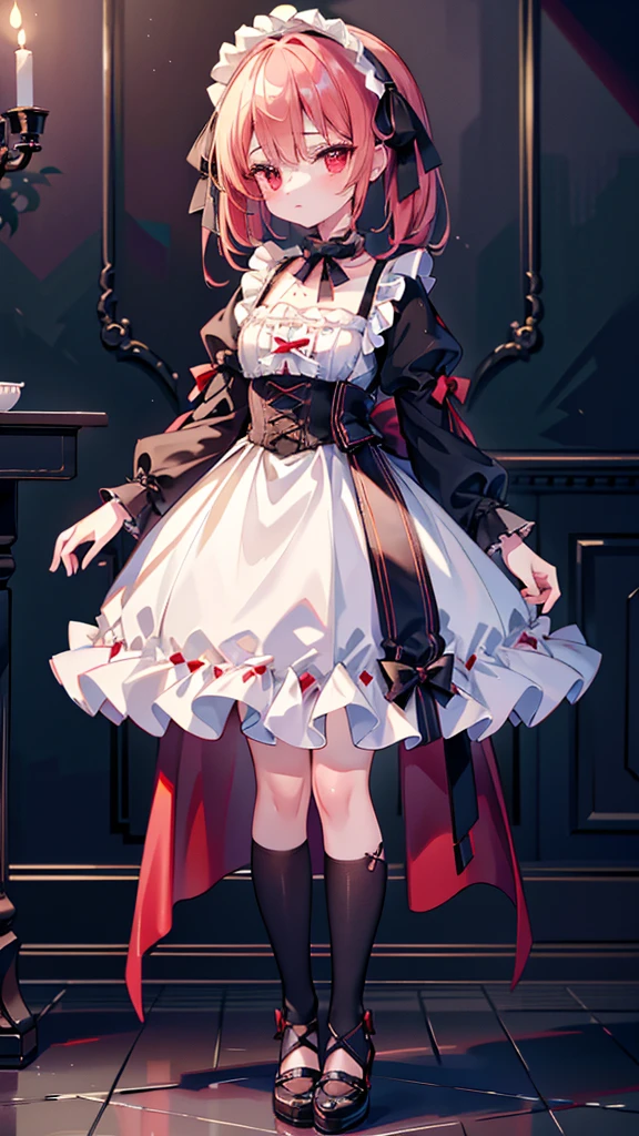 1 girl、((Full body Esbian、Standing picture))、High level of image quality、table top、Stands beautifully、Standing picture、quality、highest quality、 highest quality, masterpiece, young、slim figure、masterpiece, highest quality, masterpiece, highest quality,very detailed,{highest quality}, {{masterpiece}}, {High resolution},original, {very delicate and beautiful},masterpiece, highest quality,very detailed,{highest quality}, ((((Lolita)))), frills、Evil Flower{High resolution}, Very detailed 8k wallpaper, 1 girl, red eyes,Lolitaな靴、ribbon on foot、
(Low Gothic:1.24)、Pose with movement、