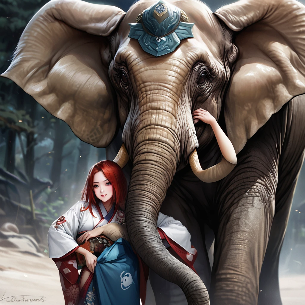 "Date Masamune with an elephant, traditional Japanese and exotic elements combined, realisti