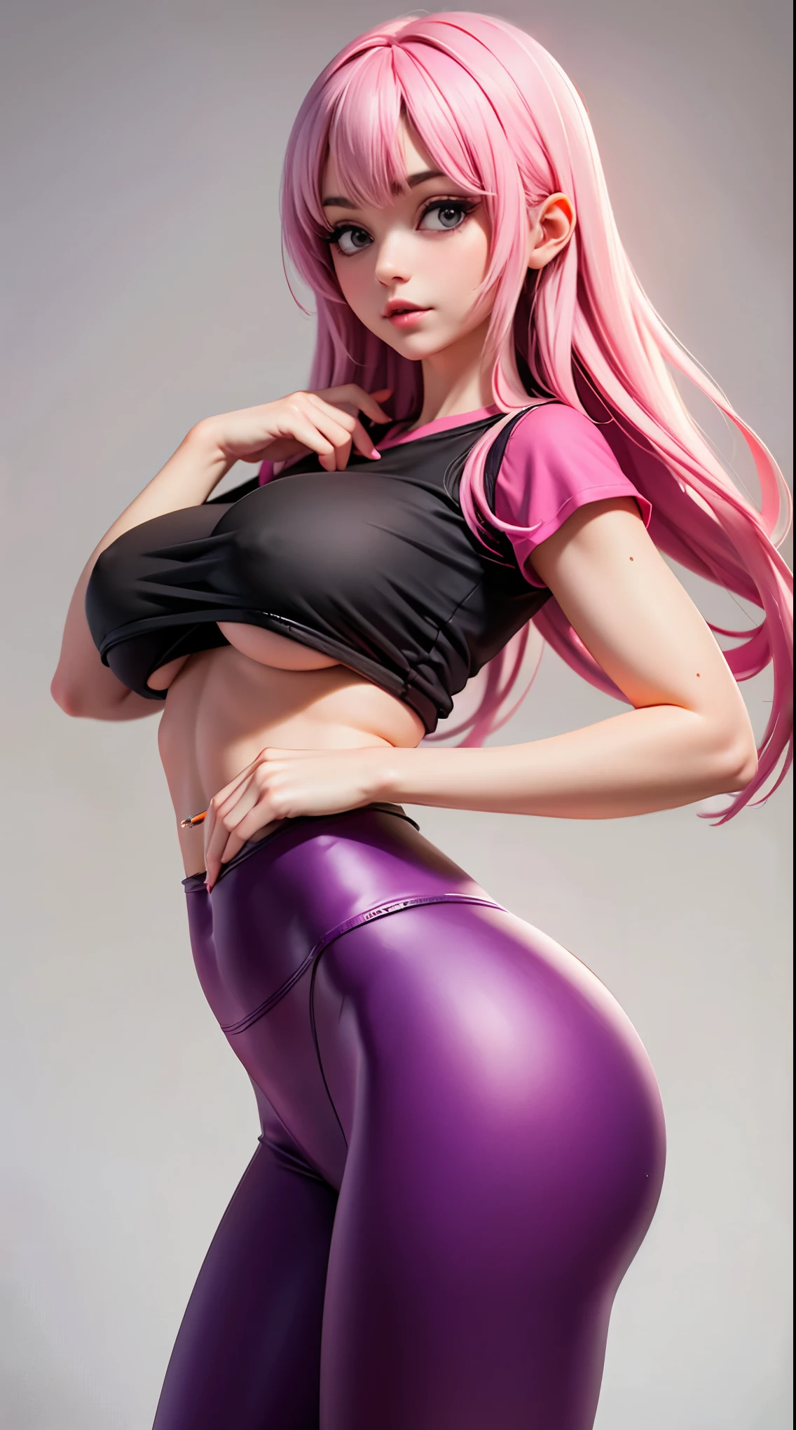 Tight UnderBoob T Shirt, tight leggings, highly detailed, deep focused image, realistic full-lenght photo, pink hair