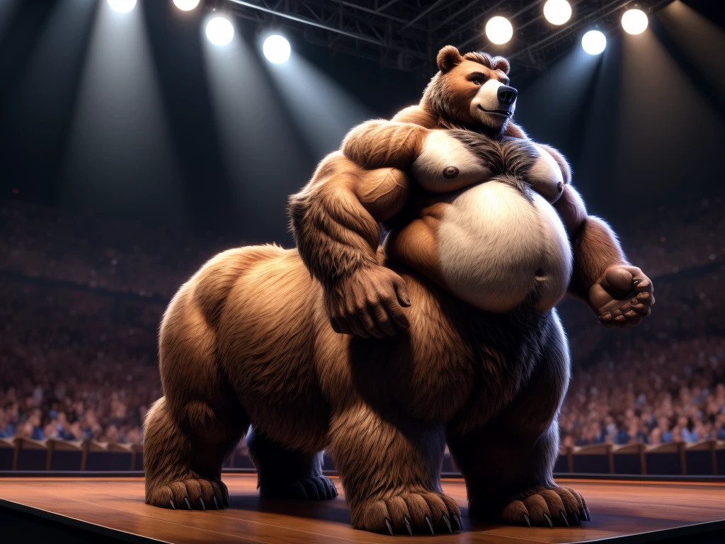 furry, fur taur, beartaur, middle-age, solo,1man, detailed face, bear ears, bear eyes(brown), bear nose(black), bear mouth, beard(grey), mature hair(grey), detailed arms, thick arms, muscular, thick hands(5 fingers), detailed body belly, thick body, muscle belly(white), thick chest, chest hair(white), nipples, detailed taur body, thick taur body, thick bear paws, thick bear tail, full body shot, standing on the stage