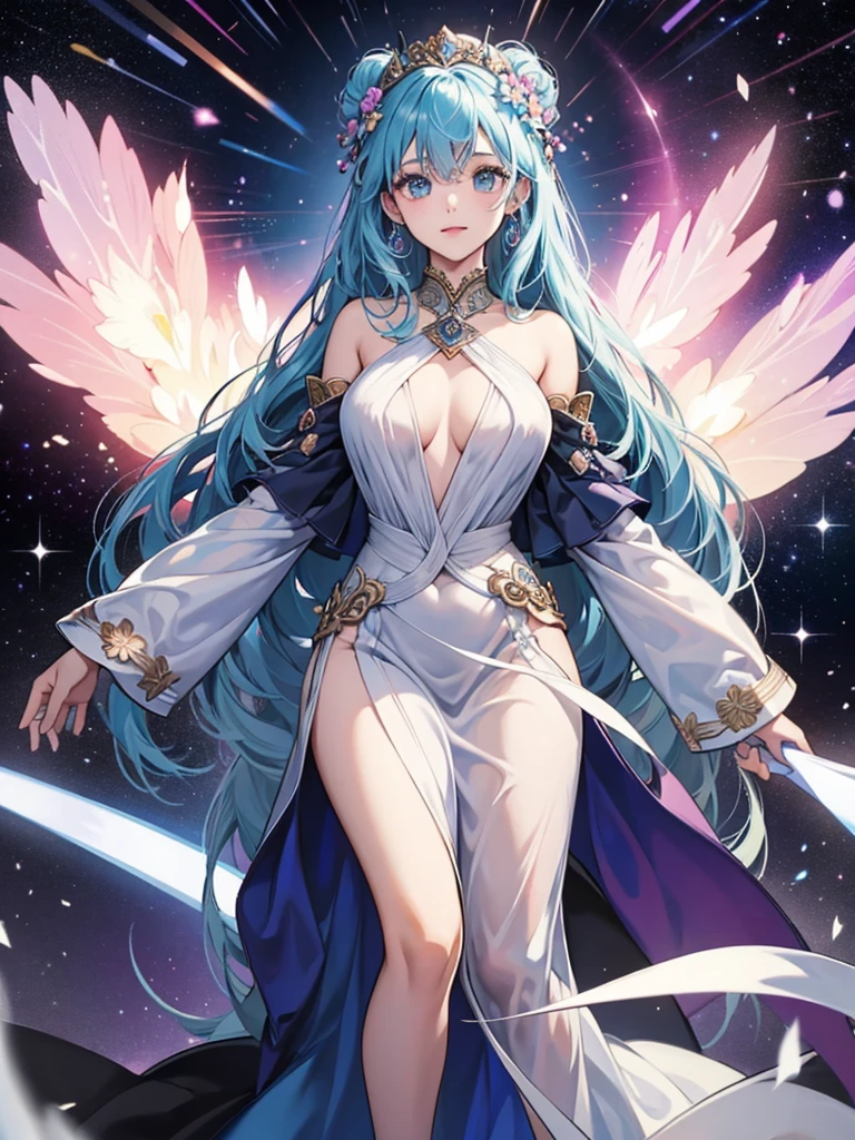 Goddess of emptiness in the galaxy with a huge dress that covers everything, making the galaxy seem empty