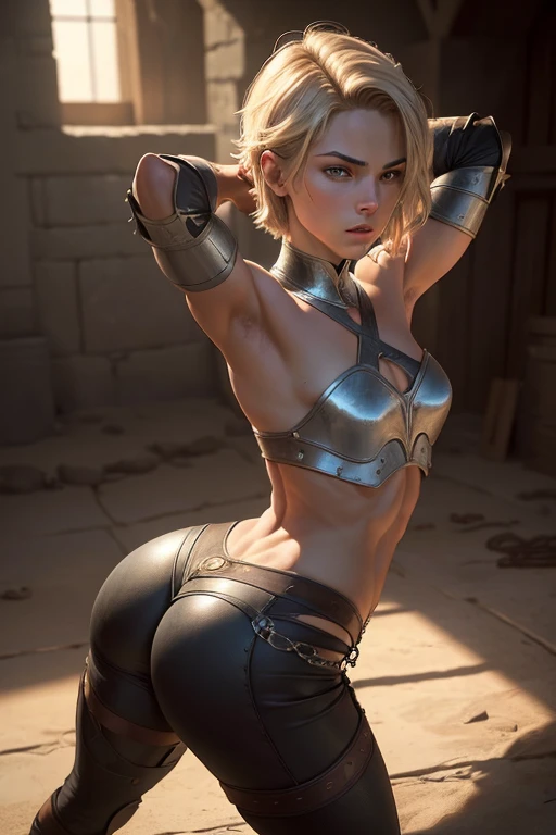 a (slim) (effeminate) androgynous muscular lean warrior boy, 1boy, short blond hair, thin waist, ((arched ass)), (female sexy torn light armor), Low-rise pants, high waist thong, ass up, high angle, long shot, full body shot, (best quality,4k,8k,highres,masterpiece:1.2),ultra-detailed,(realistic,photorealistic,photo-realistic:1.37),chiaroscuro lighting,dramatic lighting,highly detailed face,extremely detailed and intricate,cinematic lighting,cinematic composition,seductive, blushing, defenselessness ((in medieval battlefield background))
