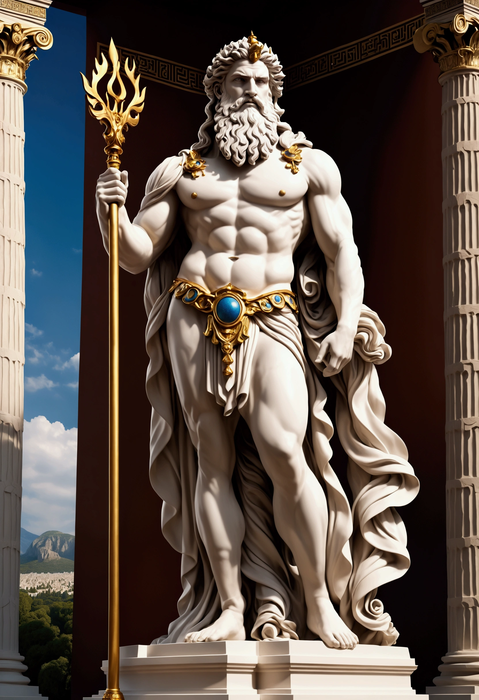 Create a breathtaking 16K resolution masterpiece that captures the essence of award-winning photography, reminiscent of the renowned work of Paolo Roversi. Visualize a majestic Greek statue of Zeus, the king of the gods, sitting on his throne in his Olympian temple. The statue features intricate details, with Zeus's flowing beard, muscular build, and regal attire that includes a flowing robe and a crown of laurel leaves. He holds a scepter in one hand and a thunderbolt in the other, showcasing the fine craftsmanship of the sculpture. | The statue of Zeus has a noble and commanding expression, with a perfectly proportioned face, clear double eyelids, and an aura of authority and power. His eyes are carved to reflect deep wisdom and his posture exudes dominance and protection. | The setting is an ancient Olympian temple, standing grandly in the background. The temple is adorned with majestic columns, intricate carvings, and an air of timeless beauty. The scene is set under a clear blue sky, with the sunlight casting soft shadows that enhance the depth and realism of the composition. | Capture the statue from a low angle to emphasize its grandeur and the intricacies of its design. The camera angle should highlight the full statue, showcasing the details of his attire, scepter, thunderbolt, and the surrounding temple architecture. | The overall ambiance should be awe-inspiring and majestic, with a focus on the artistic and historical significance of the statue and the temple. Ensure anatomical correctness and ultra-detailed textures, capturing every nuance of the statue's appearance and the temple setting. This masterpiece should immerse viewers in its lifelike depiction, creating a sense of wonder and reverence. | Keywords: (majestic Greek statue), (god Zeus), (Olympian temple), (intricate details), (regal presence), (flowing beard), (scepter), (thunderbolt), (noble expression), (timeless beauty), (ultra-detailed textures), (high-quality rendering).