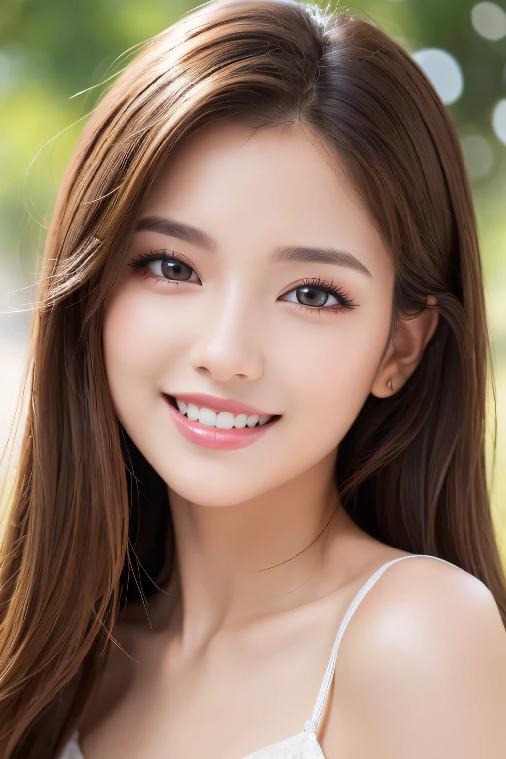 (highest quality, Tabletop, 8K, Best image quality, Award-winning works), One beautiful girl, Look at me with your best smile, Perfect Makeup, Long eyelashes, brown eyes, Ultra HD Shining Eyes, bob hair, light brown hair, Ultra HD Hair, Natural Lip, Ultra High Resolution Glossy Lips, Ultra High Resolution Perfect Teeth, Beautiful face in ultra-high definition, (Accurate anatomy:1.1), Very bright and beautiful skin, very bright and vivid, upper body, cream colored dress, (Front facing body:1.2)
