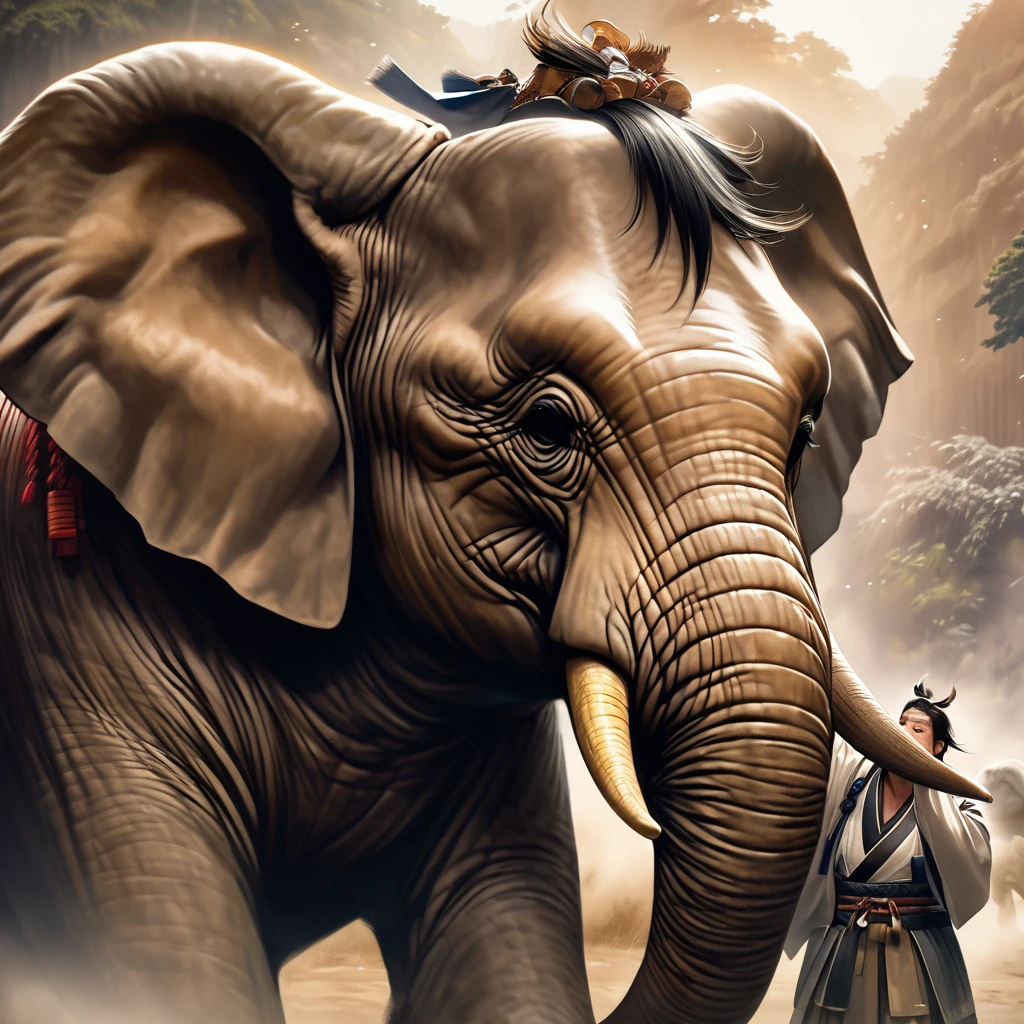 "Samurai Date Masamune interacting with an elephant, realistic depiction, blending traditional Japanese and exotic elements"