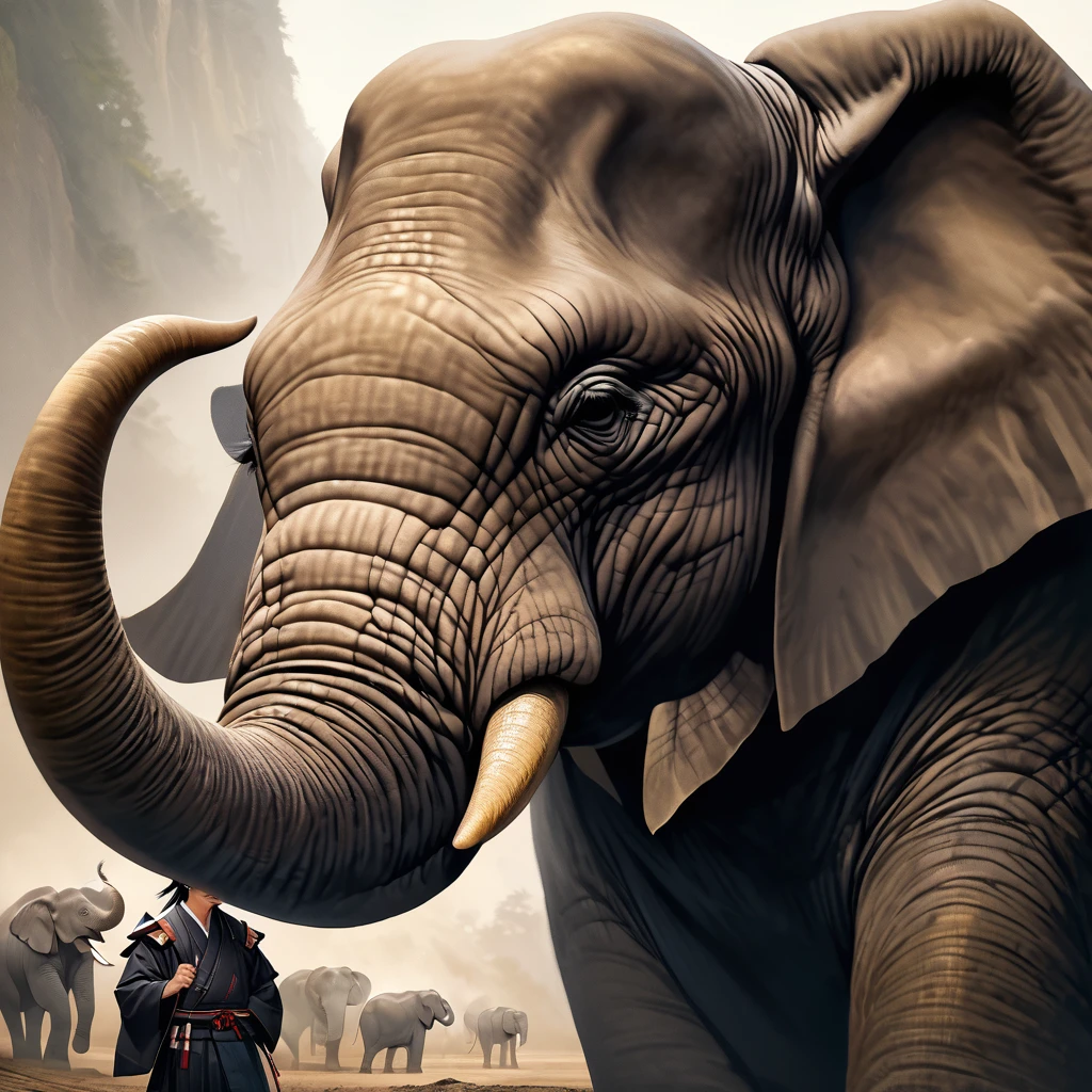 "Samurai Date Masamune interacting with an elephant, realistic depiction, blending traditional Japanese and exotic elements"