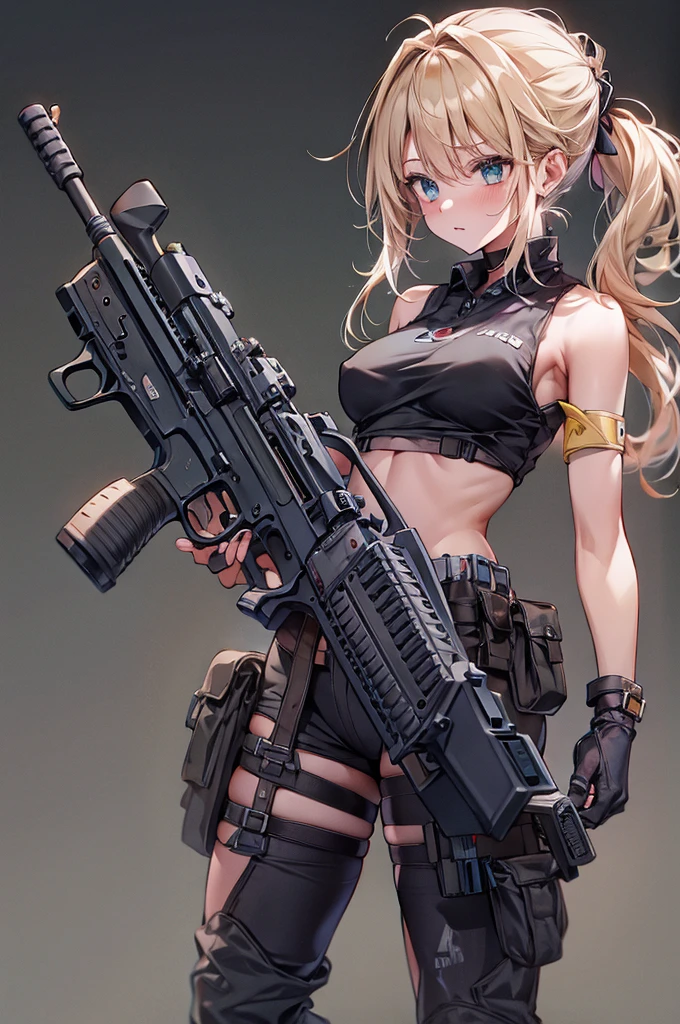 ((Highest quality))、((masterpiece))、(detailed)、((Anatomically correct))、(High resolution、8k)、(Beautiful Skin:1.1)、One woman、(Beautiful eyes:1.2)、(Assault rifle)、(Assault rifleを構える:1.3)、Splattering cartridge cases、Blonde、ponytail、Black short tank top、Erect nipples、Belly button、Black hot pants、Gunfight、Urban Warfare