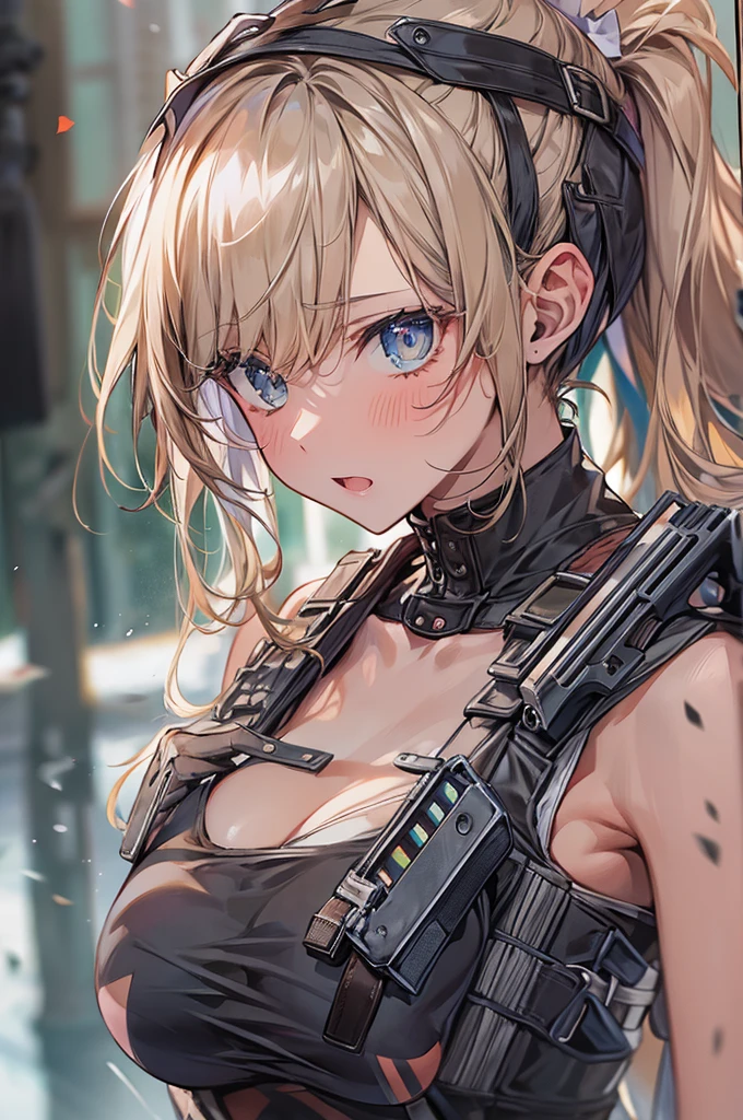 ((Highest quality))、((masterpiece))、(detailed)、((Anatomically correct))、(High resolution、8k)、(Beautiful Skin:1.1)、One woman、(Beautiful eyes:1.2)、(Assault rifle)、(Assault rifleを構える:1.3)、Splattering cartridge cases、Blonde、ponytail、Black short tank top、Erect nipples、Belly button、Black hot pants、Gunfight、Urban Warfare