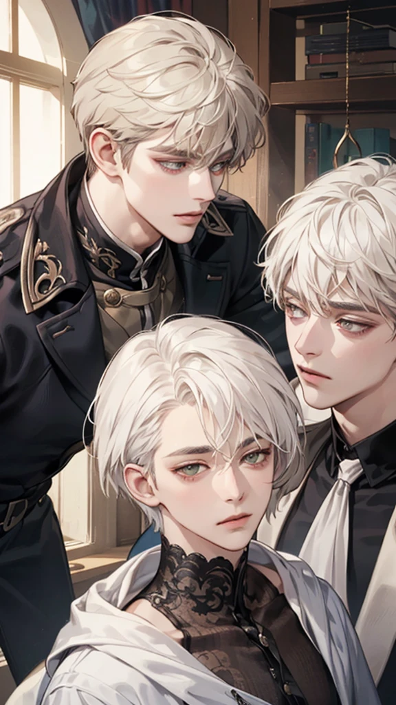 (Very handsome :1.2), 8K,(masterpiece:1.0),(the best_quality:1.0), 1 boy, and intricate details, Enlarged texture, and intricate details, Delicate eyes and delicate face, and intricate details, White hair, Dark Brown Short Hair, (Shut up), Hazel Green Eyes, Tired eyes, Equal eyes, Carolina Eyes (Human Male) Wearing modern clothes