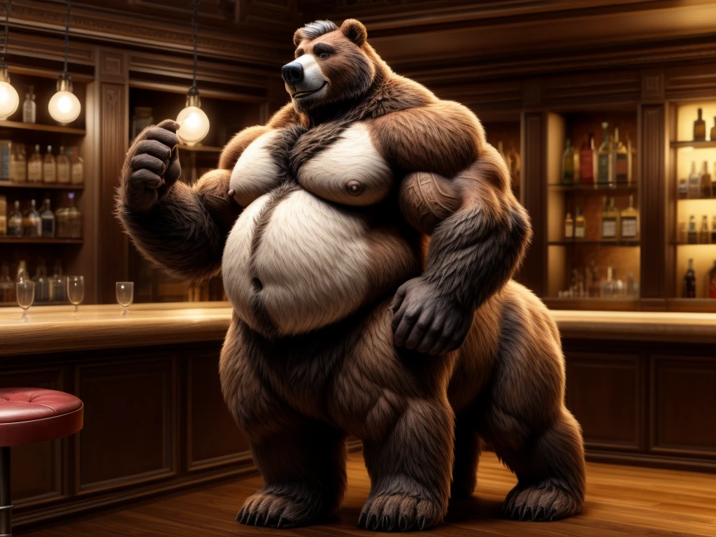 furry, fur taur, beartaur, middle-age, solo,1man, detailed face, bear ears, bear eyes(brown), bear nose(black), bear mouth, beard(grey), mature hair(grey), detailed arms, thick arms, muscular, thick hands(5 fingers), detailed body belly, thick body, muscle belly(white), thick chest, chest hair(white), nipples, detailed taur body, thick taur body, thick bear paws, thick bear tail, full body shot, standing in the bar