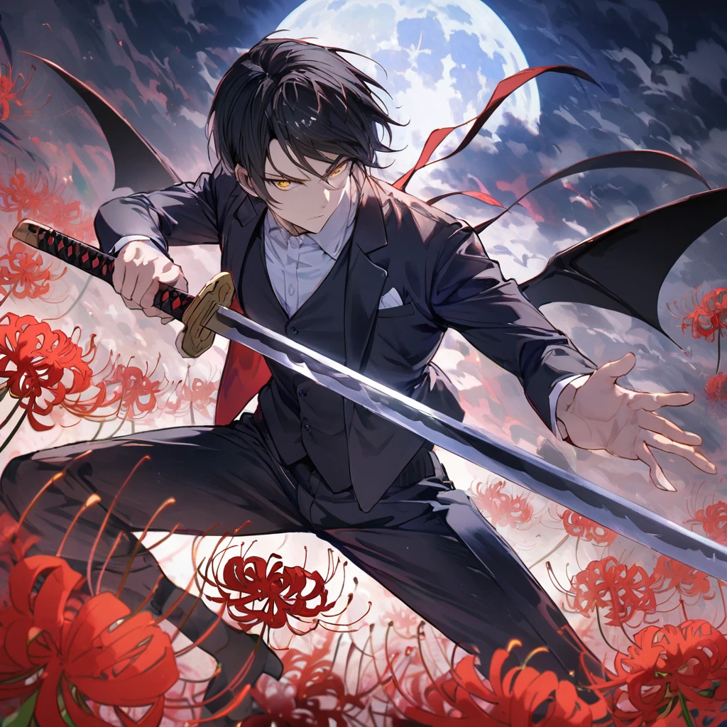 Short black hair, man, bat wings, golden eyes, black suit vest, spider lily, red makeup, blue full moon, iaido stance, sword
