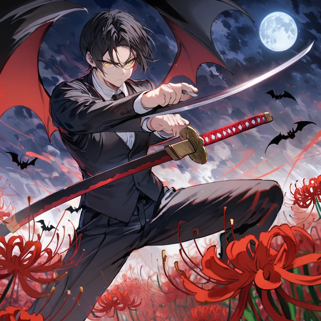 Short black hair, man, bat wings, golden eyes, black suit vest, spider lily, red makeup, blue full moon, iaido stance, sword