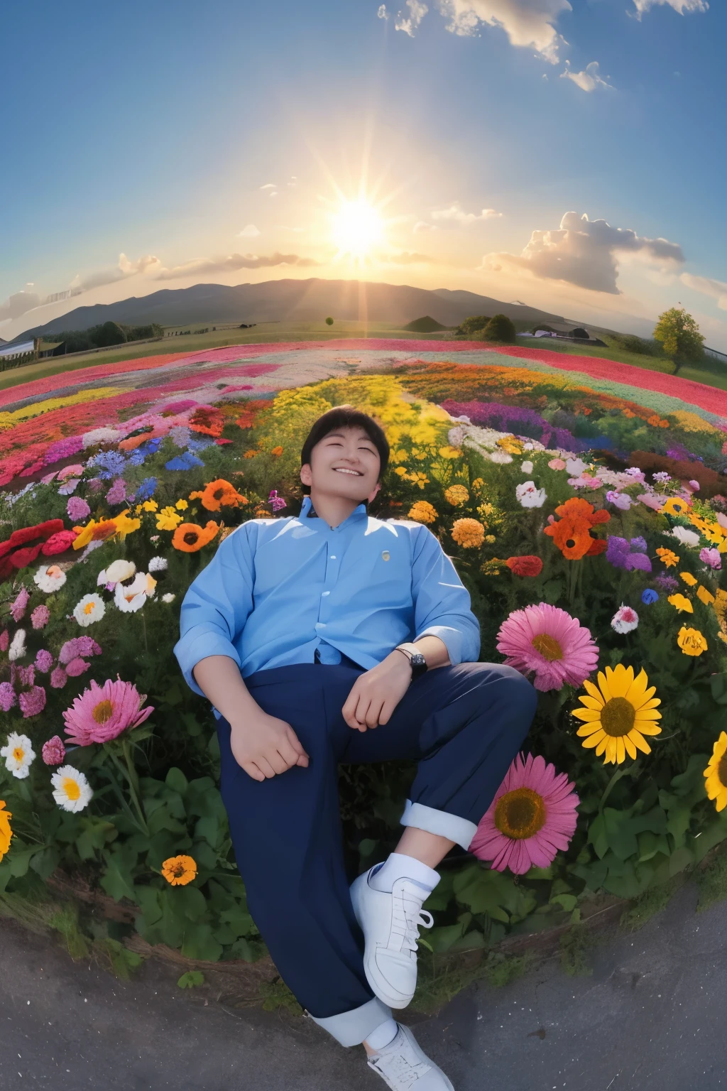A man stands with his hands raised towards the sun Standing position: left front smile