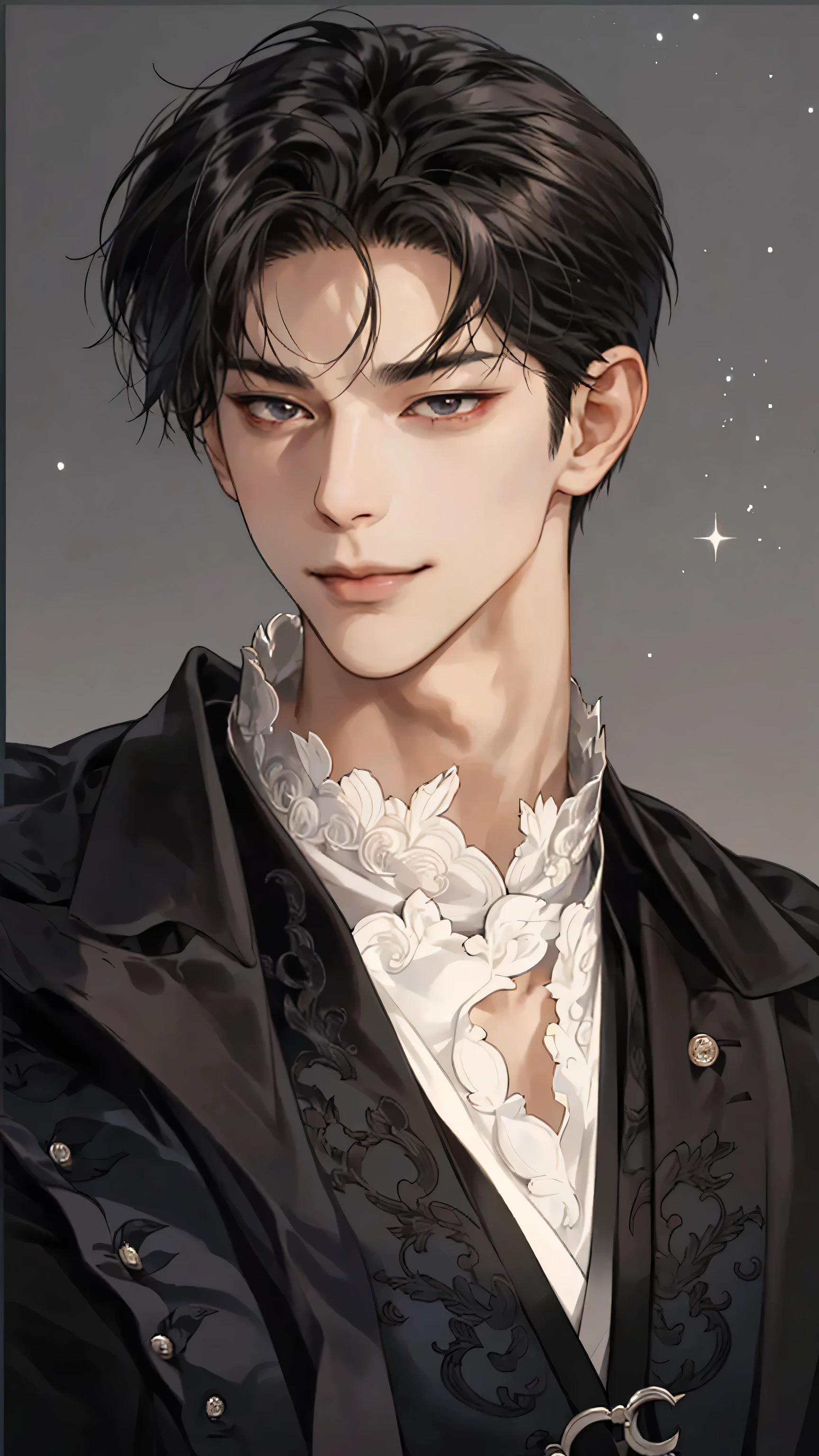 Close-up of a man in a shirt looking at the camera, The moon is behind him, Delicate hermaphroditic prince, Handsome Prince, Anime handsome man, The handsome guy in Demon Slayer, charming cunning smile, Inspired by Border Guardians, comics, Tall anime man with black eyes, Black short hair, beautiful androgynous prince, heise jinyao, Very handsome