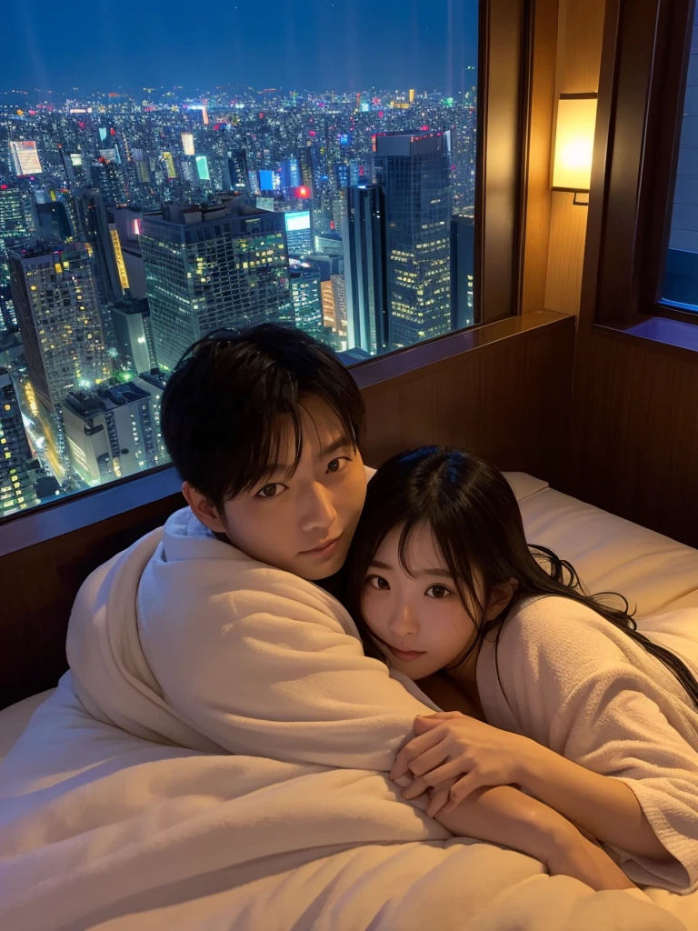 Tokyo、22 o'clock、Night view of buildings and bridges、Top floor of the hotel、Suite Room、indirect lighting、Two swimmerale、Age 27、Japanese、Bathrobes、Sweaty、King-size bed、Lying down、hug、Holding hands、Ultra HD、Real Photo、Selfie