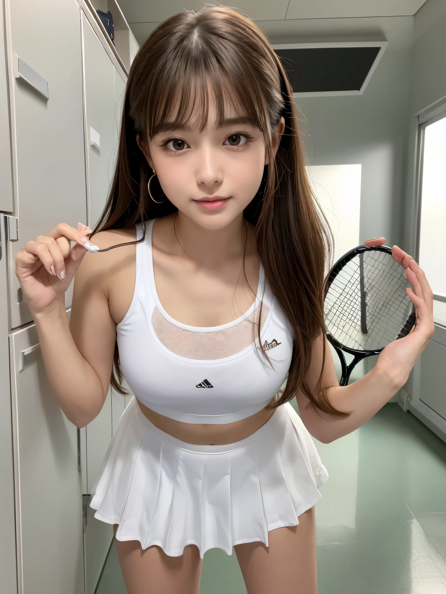 White tennis wear, (solid, tennis racket,Hold the grip of the racket), Tennis ball, Tennis court, Sweaty smell, locker room, (Highest quality) , ((Very detailed)) , 4K , (8k) , masterpiece, Very detailedな, Highest quality, Super Resolution, sexy, 18-year-old girl, (Height: 152cm), 1 person, Very beautiful face, Cute type, Big Natural Color Lip, Big and pretty eyes, Brown eyes, Obvious double, Small and cute nose, Soft long hair, bangs, Brown Hair, Beautiful hands, finger is five, positive, Crying a little, White pleated micro mini skirt, (It&#39;s too short and you can see my crotch)No underwear, Soft Light, RAW quality, Soft Skin, (Glowing Skin, Sweaty: 1.4) , Beautiful legs, Voluptuous thighs, Plump body, Huge breasts, (Expresses the roundness and softness of the chest area........1), Beautiful body, (A perfect feminine figure), Accurate joint movement, (Provocative dynamic pose), Skirt flip, Browsing Caution, (beautiful pussy line:1.2)