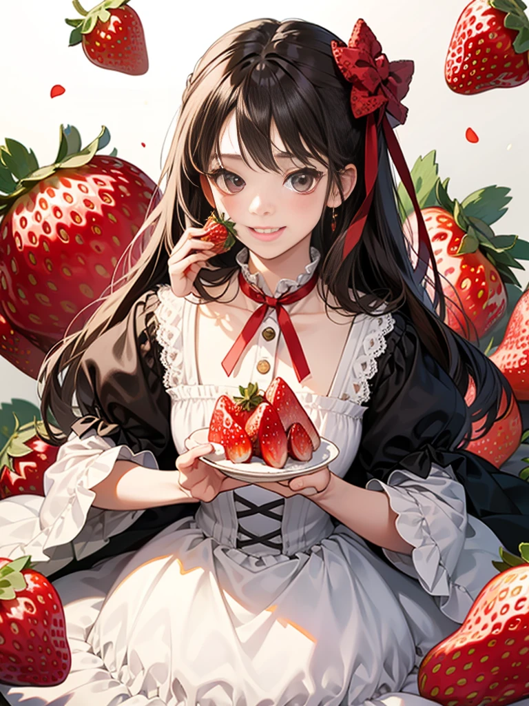girl with、Background white、without background、A dark-haired、The long-haired、Contrasting bangs、Red One Piece、frilld、bow ribbon、red lolita fashion、with blush cheeks、Smiling、Eating strawberries、Strawberries、Strawberries、kawaii、without background
