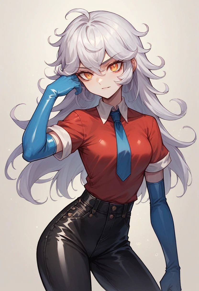 1 Girl, Pandemonica \(lucky person\), ((Blue elbow gloves)), ((surgical gloves)), ((Latex gloves)), (Red Shirt), (((Long sleeve))), (tie), (Pants), Looking at the audience, permanent, Solitary
