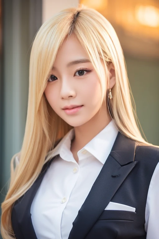 Asian female model with long hair, formal business attire Blonde hair, 20 years old, anime style, front view