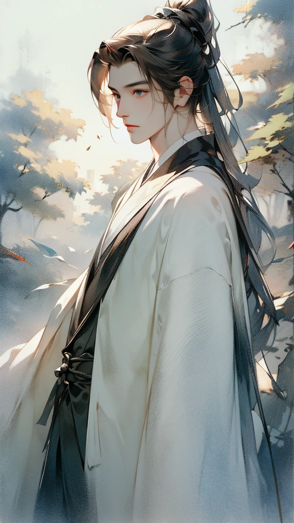 masterpiece, best quality, 8K, light, Ultra-high resolution, Chinese Arts, Chinese painting, 1 boy, Upper Body, on the street,