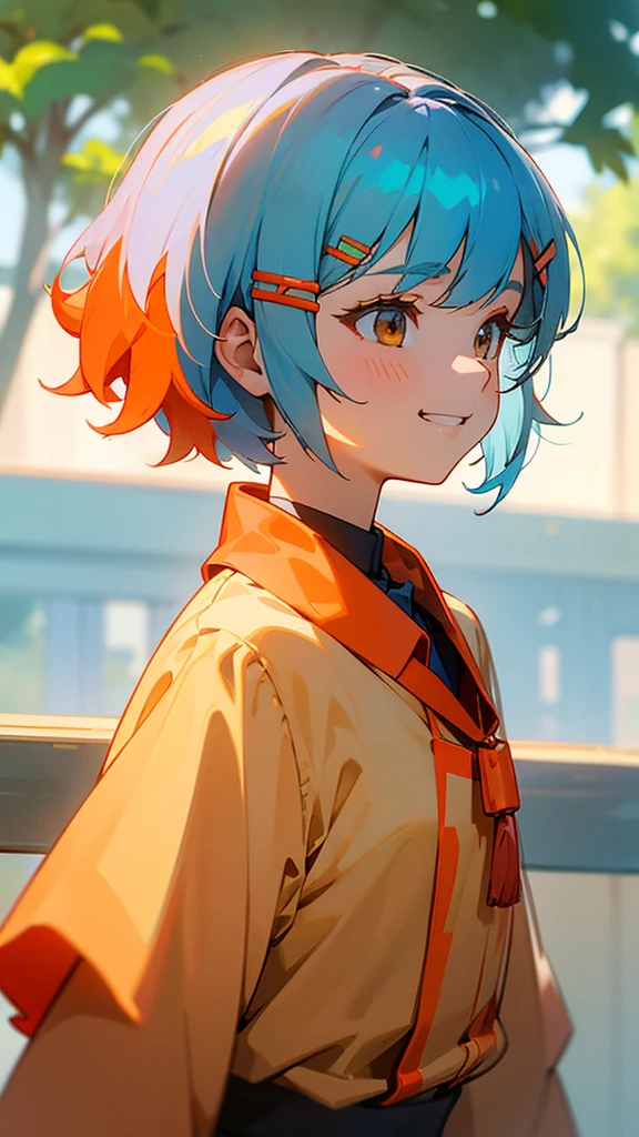 1girl、shrimp、Shiny light blue hair、Short Bob Hairstyles、Tie your hair with an orange hair clip、Beautiful brown eyes、Blouse shirt with ethnic patterns and primary colors、Grin、profile、Upper body close-up、Morning Park、Background Blur, Written boundary depth