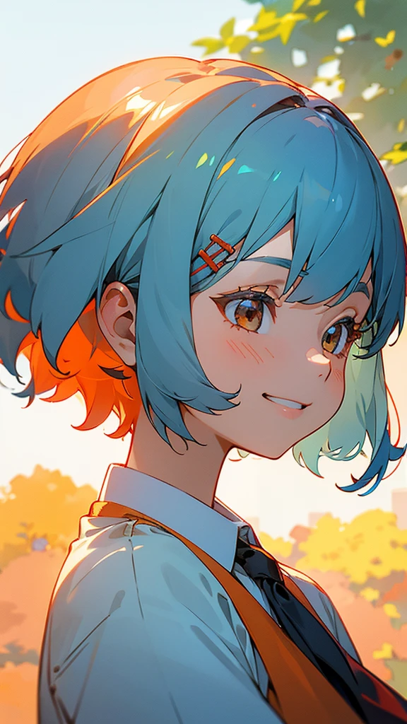 １girl、shrimp、Shiny light blue hair、Short Bob Hairstyles、Tie your hair with an orange hair clip、Beautiful brown eyes、Blouse shirt with ethnic patterns and primary colors、Grin、profile、Upper body close-up、Morning Park、Background Blur, Written boundary depth