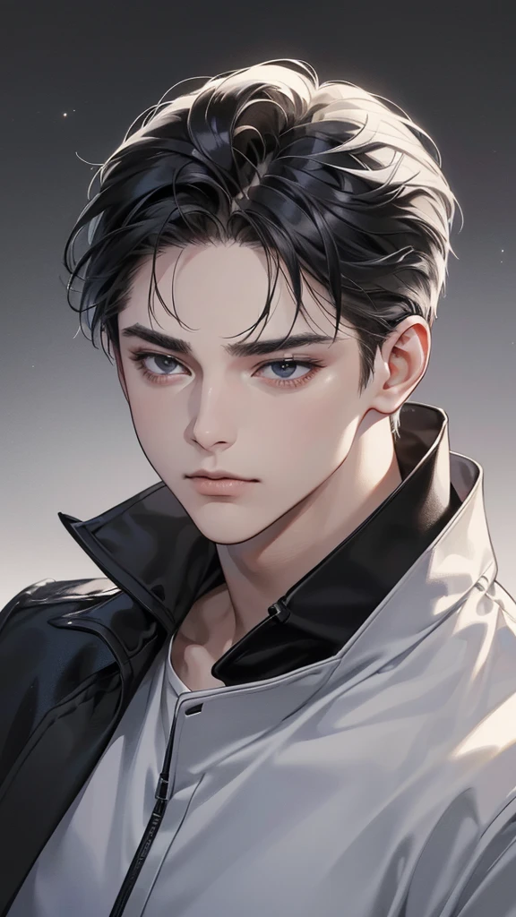 (Best quality digital art digital illustration 4k high resolution beautiful image ultra detailed image perfect lines soft lighting night environment focus face soft zoom) (1:1. Reality) (Neutral color hdr 1.4) A young adult man (Thoughtful expression) black white modern clothing black eyes medium black hair