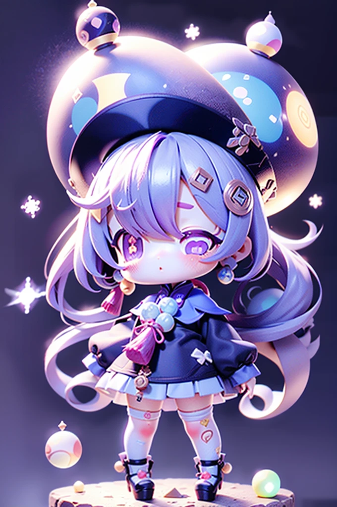 masterpiece, best quality, 10 years old, 1girl, qiqi (genshin impact), solo, thighhighs, hat, purple hair, white thighhighs, hair ornament, braid, qing guanmao, long sleeves, purple eyes, long hair, jewelry, parted lips, wide sleeves, ofuda, purple headwear, bangs, looking at viewer, outstretched arms, standing on one leg, beads, blush, shorts, dress, bead necklace, jiangshi, yin yang, single braid, black footwear, orb, necklace, blue dress, coin hair ornament, hair between eyes, very long hair, purple jacket, standing, snowflakes, shoes, cropped jacket, jacket, :o, sleeves past wrists, braided ponytail, vision (genshin impact), short shorts, bandaged leg, earrings, blue shorts, bandages, leg up, chinese clothes, yin yang orb,