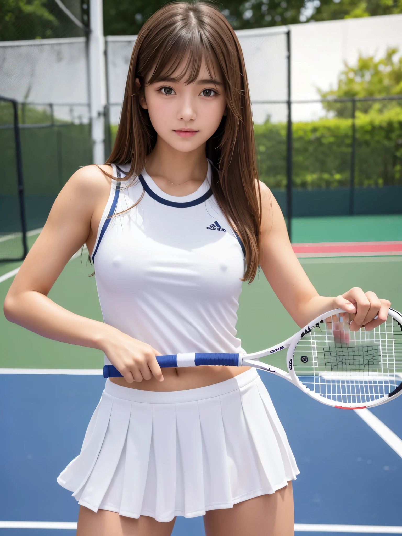 White tennis wear, (solid, tennis racket,Hold the grip of the racket), Tennis ball, Tennis court, Sweaty smell, locker room, (Highest quality) , ((Very detailed)) , 4K , (8k) , masterpiece, Very detailedな, Highest quality, Super Resolution, sexy, 18-year-old girl, (Height: 152cm), 1 person, Very beautiful face, Cute type, Big Natural Color Lip, Big and pretty eyes, Brown eyes, Obvious double, Small and cute nose, Soft long hair, bangs, Brown Hair, Beautiful hands, finger is five, positive, Crying a little, White pleated micro mini skirt, (It's too short and you can see my crotch)No underwear, Soft Light, RAW quality, Soft Skin, (Glowing Skin, Sweaty: 1.4) , Beautiful legs, Voluptuous thighs, Plump body, Huge breasts, (Expresses the roundness and softness of the chest area........1), Beautiful body, (A perfect feminine figure), Accurate joint movement, (Provocative dynamic pose), Skirt flip, Browsing Caution, (beautiful pussy line:1.2)