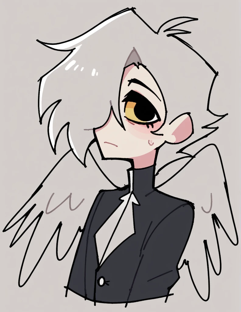 zPDXL, score_9, score_8_up, score_7_up, source_anime, BREAK
sketch, flat color, 1guy, solo, black eyes, vivziepop, helluva boss, portrait, hair over one eye, priest, angel wings