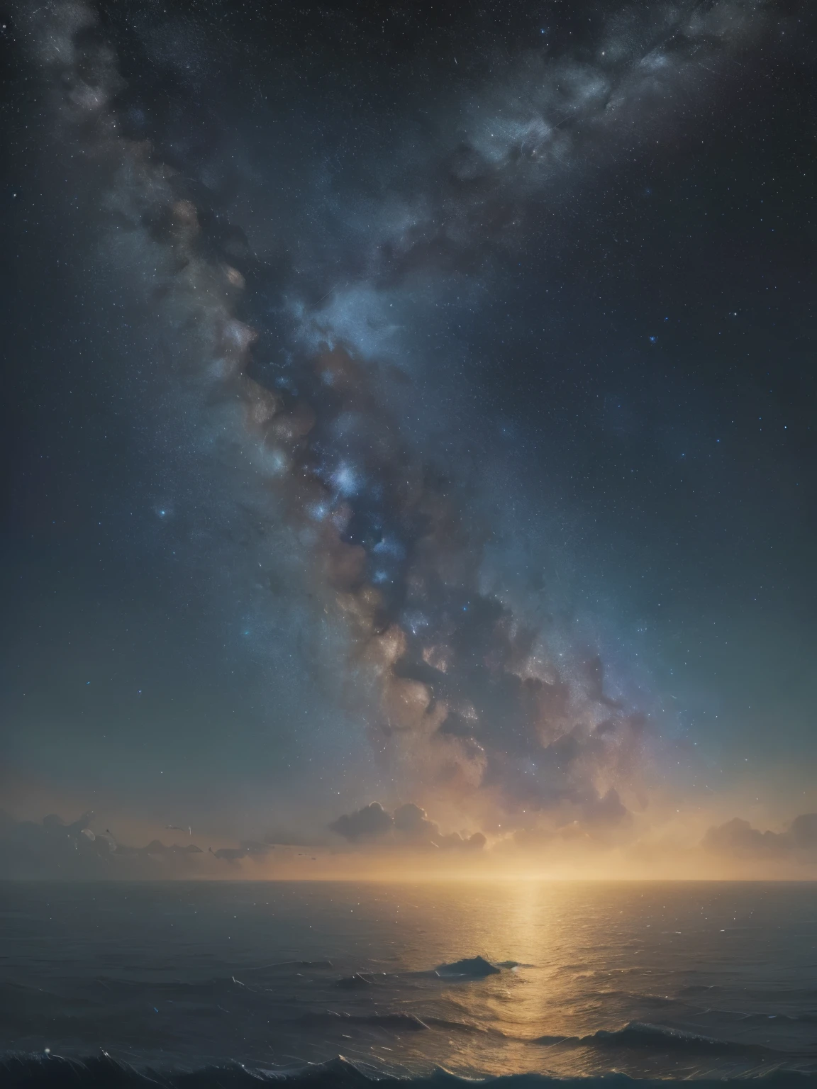 ((best quality)), ((masterpiece)), (detailed) ,A digital illustration,Depicting the starry night sky,The bottom is black and blue ocean, There is a Milky Way in the sky