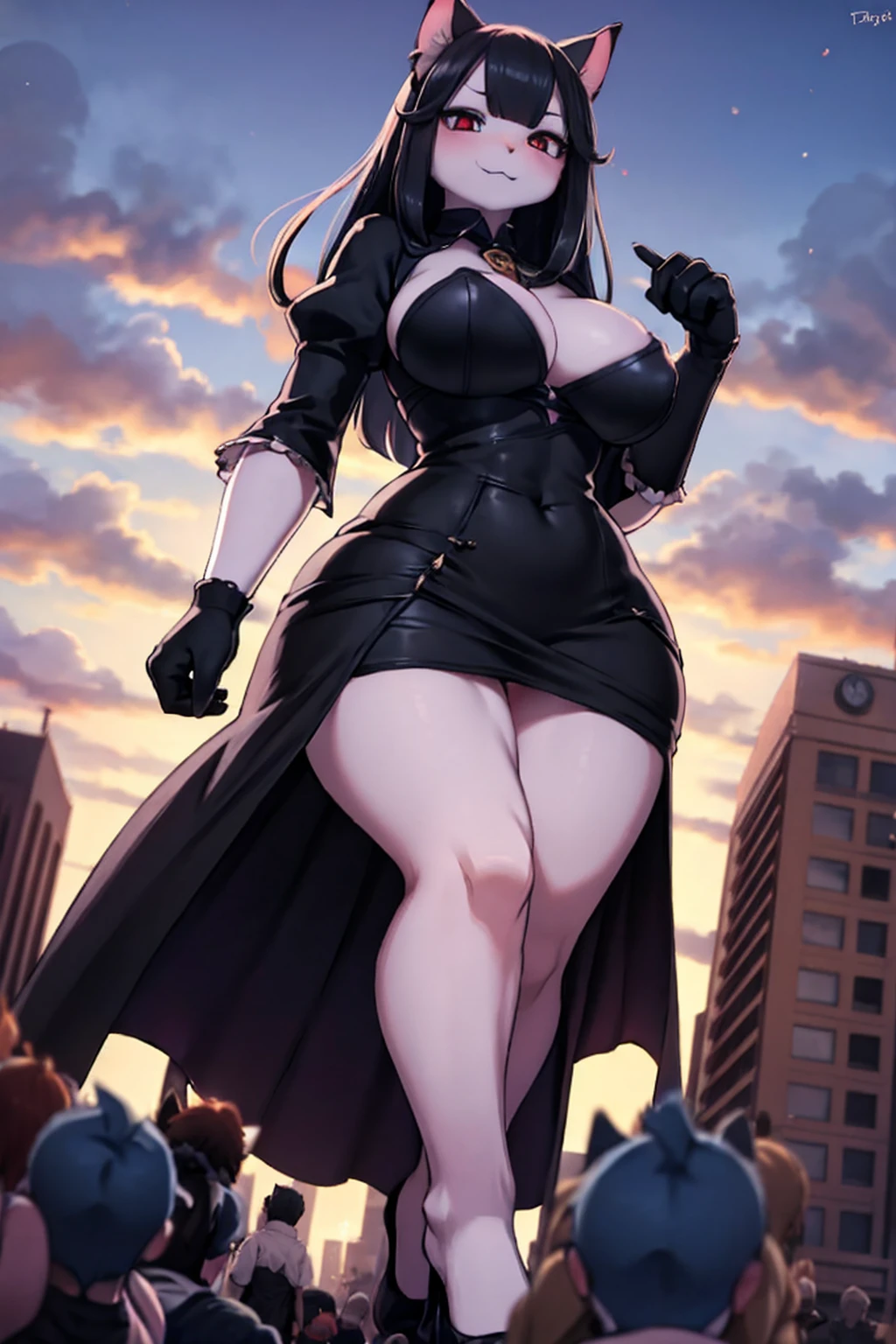 huge pussy、Giant cat、Spectacular views、giantess、Beauty、Giantess、smile、Villainess、Bad guy、Large Breasts、Black long dress、Long black hair、Red eyes、smile、Low - Angle、Crowd looking up at woman from ground、Distant view of the earth、Distant view of the Earth、Last Boss、Boss Battles、A woman is trying to crush a soldier、Detailed clothing、Accurate clothing