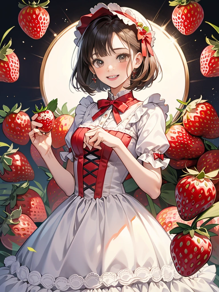 girl with、Background white、without background、A dark-haired、short-cut、Contrasting bangs、Red One Piece、frilld、bow ribbon、red lolita fashion、with blush cheeks、Smiling、Holding strawberries in your hands、Strawberries、Strawberries、kawaii、without background