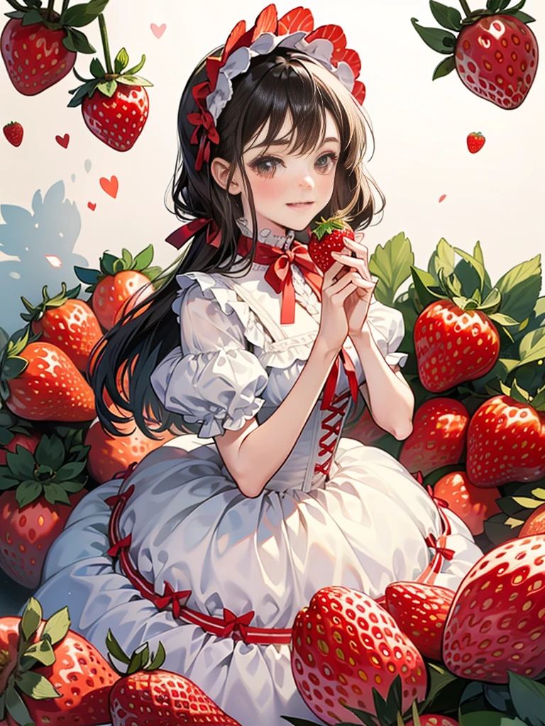 girl with、Background white、without background、A dark-haired、short-cut、Contrasting bangs、Red One Piece、frilld、bow ribbon、red lolita fashion、with blush cheeks、Smiling、Holding strawberries in your hands、Strawberries、Strawberries、kawaii、without background