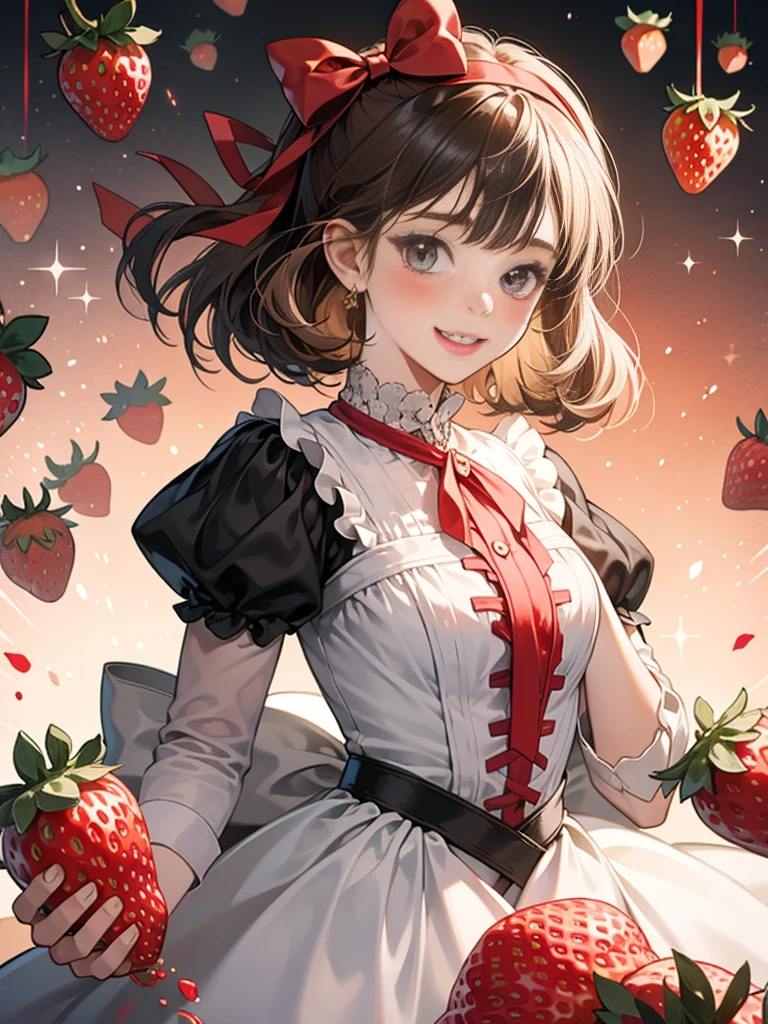girl with、Background white、without background、A dark-haired、short-cut、Contrasting bangs、Red One Piece、frilld、bow ribbon、red ta fashion、with blush cheeks、Smiling、Holding strawberries in your hands、Strawberries、Strawberries、kawaii、without background