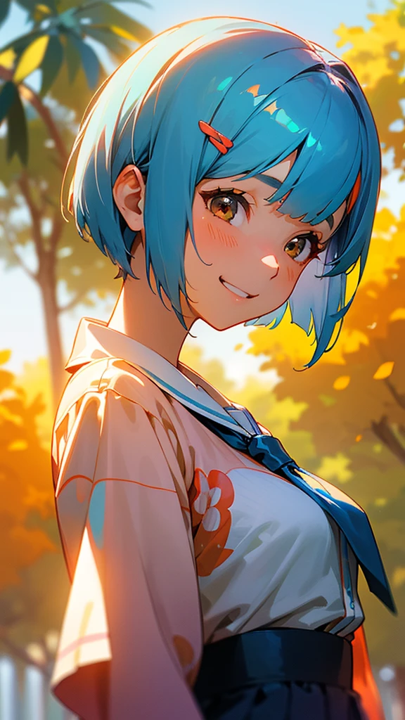 1girl、shrimp、Shiny light blue hair、Short Bob Hairstyles、Tie your hair with an orange hair clip、Beautiful brown eyes、Blouse shirt with ethnic patterns and primary colors、Grin、profile、Upper body close-up、Morning Park、Background Blur, Written boundary depth