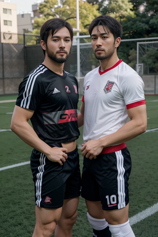 2 Japanese sportsperson guys, 25 years old, football shirt, see-through outfit, JOCKSTRAP Men's Underwear, a short beard, park sharp eyes, football field background