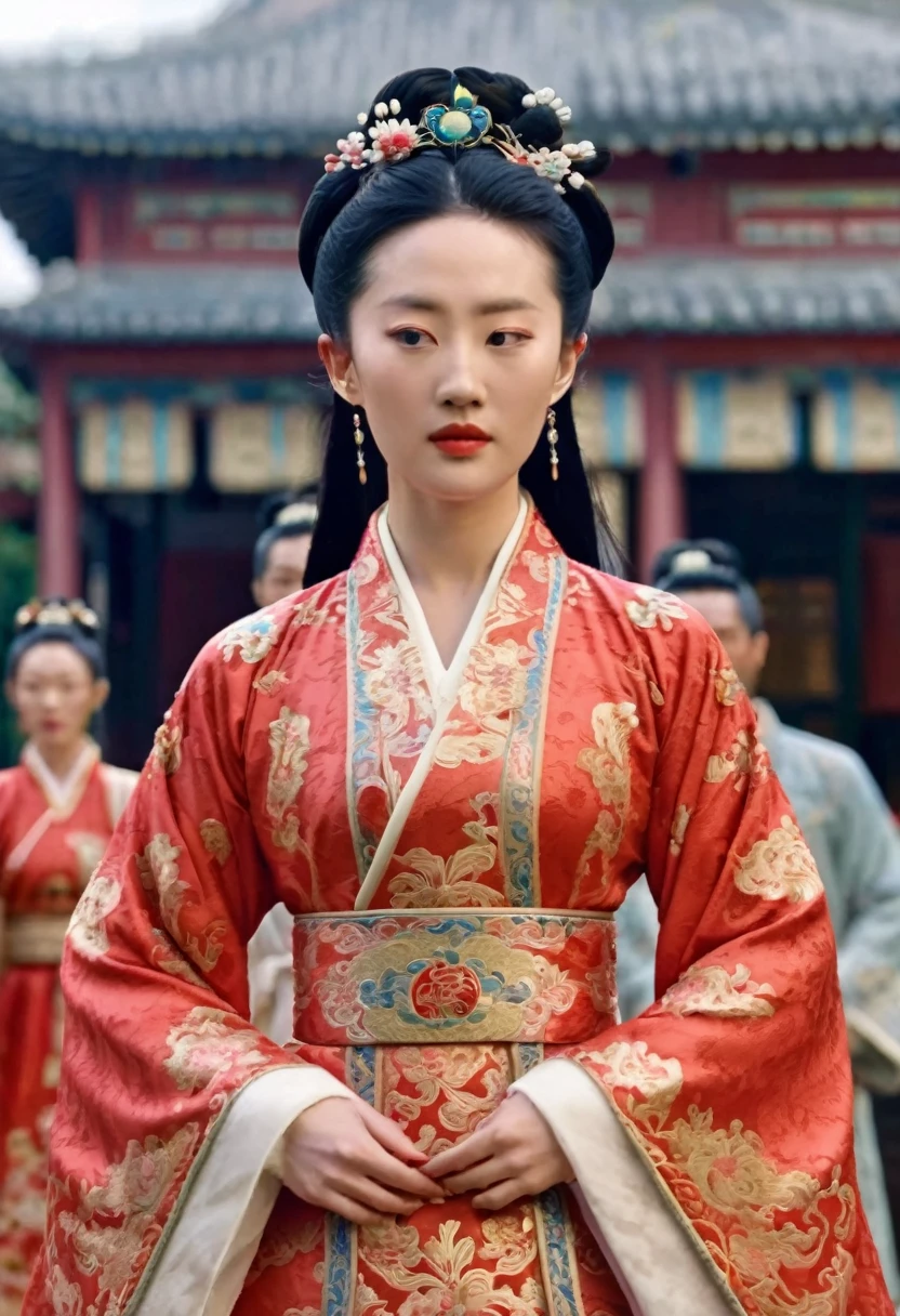 Chinese actress Ruyi Den Jow Shun (Zhou Xun) similar face Qing dynasty empress seen from front standing full body empress red costume open and out looking large breasts and hairy pussy
Nude
Qing Dynasty Chinese palace outside stone tatami mats with large crown of Empress of China hairstyle