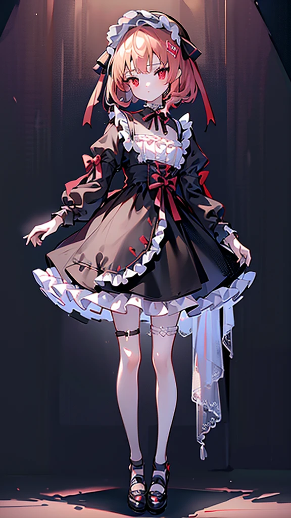 1 girl、((Full body Esbian、Standing picture))、High level of image quality、table top、Stands beautifully、Standing picture、quality、highest quality、 highest quality, masterpiece, young、slim figure、masterpiece, highest quality, masterpiece, highest quality,very detailed,{highest quality}, {{masterpiece}}, {High resolution},original, {very delicate and beautiful},masterpiece, highest quality,very detailed,{highest quality}, ((((Lolita)))), frills、Evil Flower{High resolution}, Very detailed 8k wallpaper, 1 girl, red eyes,Lolitaな靴、ribbon on foot、
(Low Gothic:1.24)、Pose with movement、