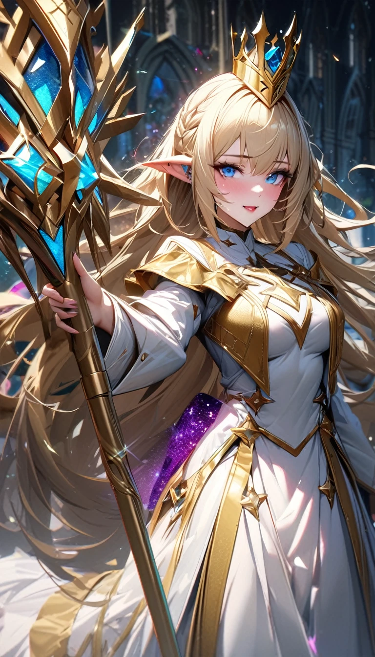 beautiful elven female bishop of the cathedral, cool beauty, piercing blue eyes, shoulder-length blonde hair, make-up, amorous and lewd face, great proportion, wearing splendid white, light blue and gold bishop's uniform and crown, large staff embedded with purple jewel, (ultra detailed, absolutely resolution, best quality:1.3), 2.5D, delicate and dynamic, foggy effects, glitter effects