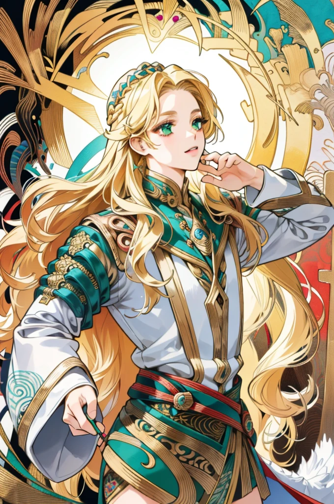((masterpiece:1.2, best quality)), ultra detailed, Ultra-precise depiction, Ultra-detailed depiction, (zentangle:1.2), (dynamic pose), (abstract background:1.5), wavy long hair, golden hair, emerald eyes, Goddess at a shirne,1girl, colorful, portrait.