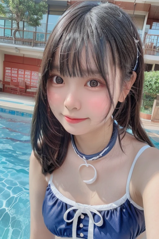 (masterpiece,best quality:1.4),(8k,raw photo,photo realistic:1.2),((super resolution:1.4)), (absurdres:1.3),(shiny skin),detailed skin,detailed face,detailed eyes,beautiful shining eyes:1.3,Symmetrical eyes,professional,1girl,Japanese idol,beautiful face,extremely Detailed Background,Upper Body,(A very happy and cute smile)、When I laugh, my eye corners droop,Shonan、Swimming in the sea,Leisure pool,Play in the sea、Faces of schoolgirls、Face of junior high school girl、 face、Cute swimsuit、Beautiful Face、self,,Natural light、(Cute swimsuit with very detailed details,Online shopping,Rakuten Ichiba,Shimamura)