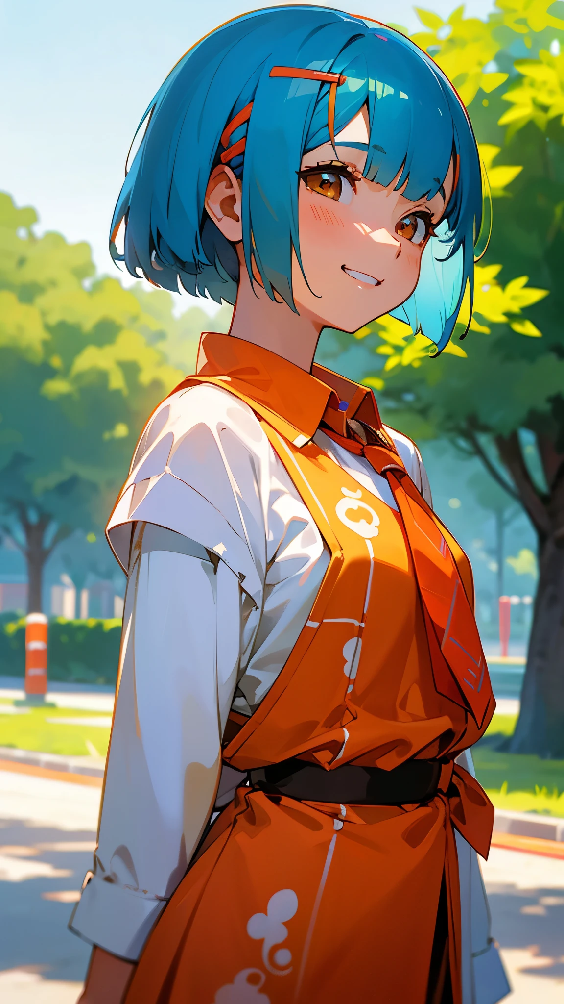 1girl、shrimp、Shiny light blue hair、Short Bob Hairstyles、Tie your hair with an orange hair clip、Beautiful brown eyes、Blouse shirt with ethnic patterns and primary colors、Grin、profile、Upper body close-up、Morning Park、Background Blur, Written boundary depth