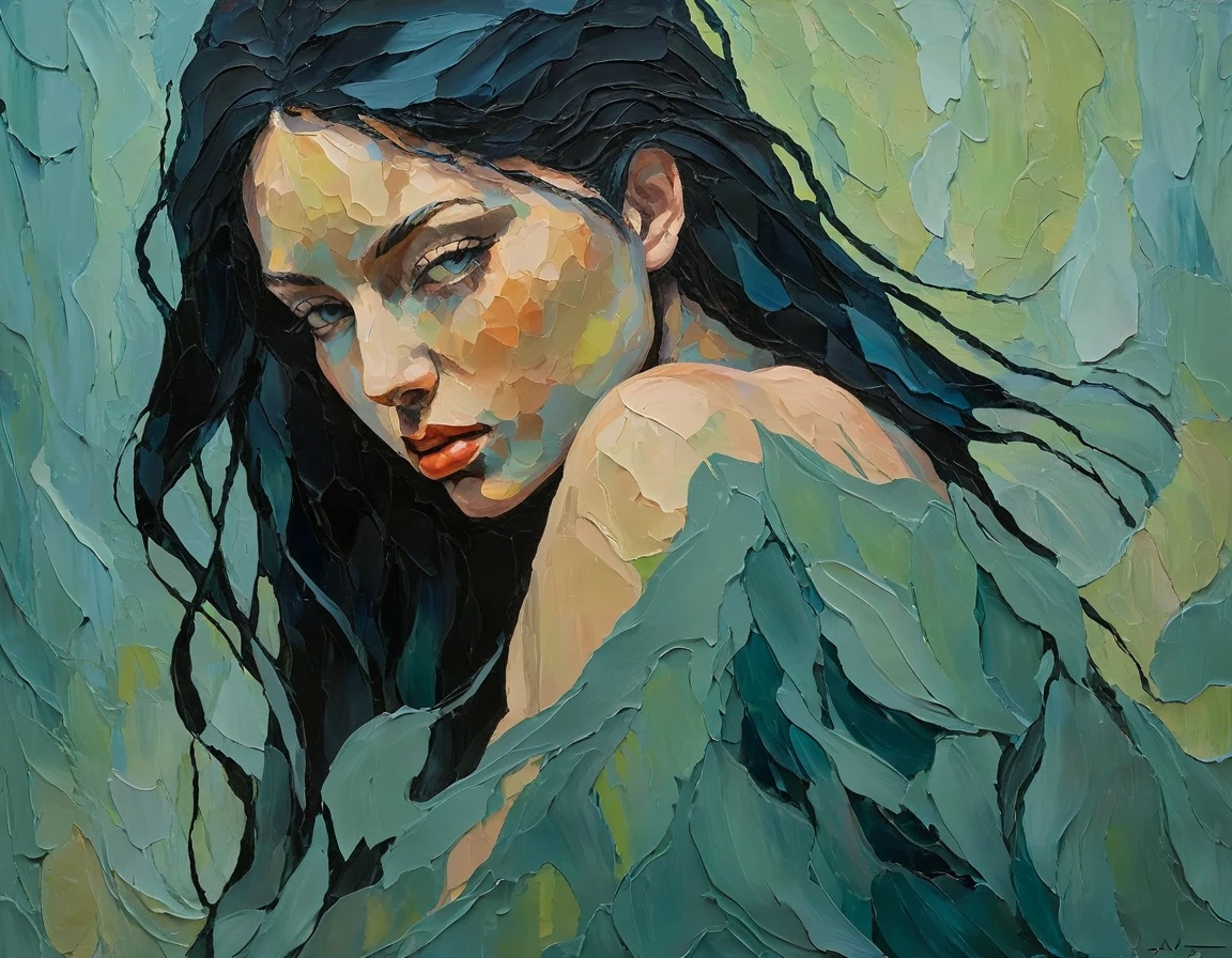 a thick textured oil painting, impasto brushstrokes, dry brushing,revealing underlayers, abstract , moody lighting, dramatic shadows, muted earthy colors, vibrant colors, highly detailed, masterpiece, naked girl with long hair