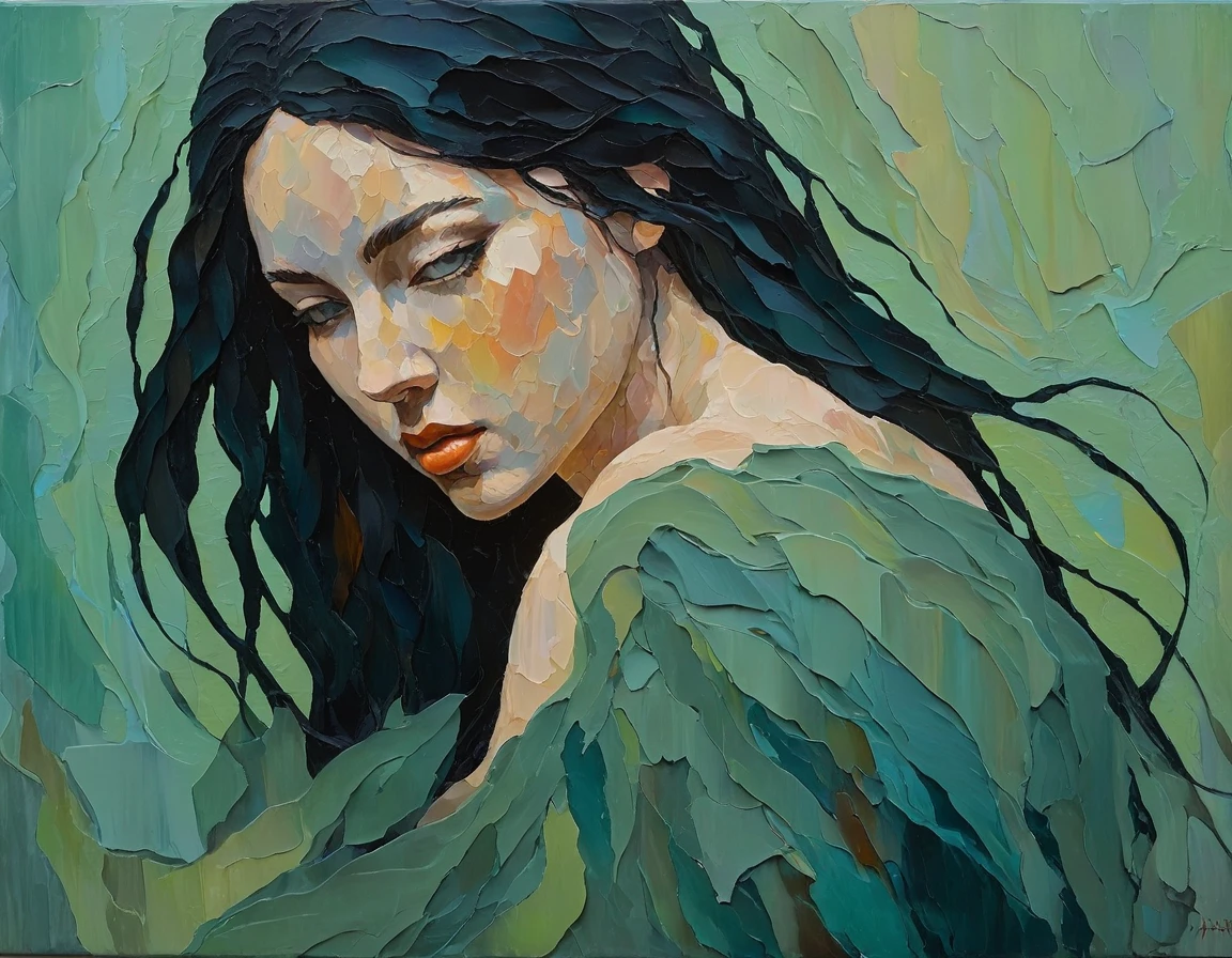 a thick textured oil painting, impasto brushstrokes, dry brushing,revealing underlayers, abstract , moody lighting, dramatic shadows, muted earthy colors, vibrant colors, highly detailed, masterpiece, naked girl with long hair