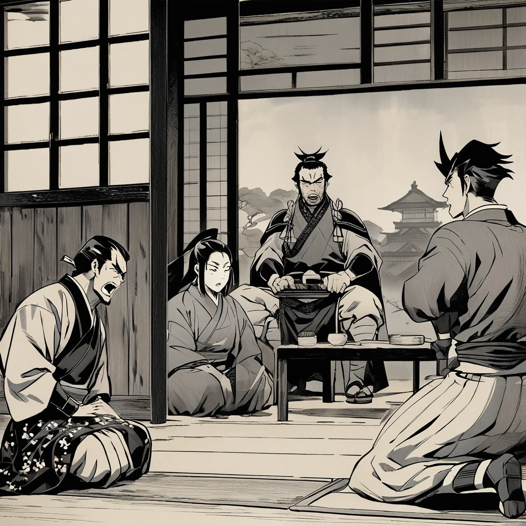 "Samurai being interrogated by Date Masamune, intense scene, traditional Japanese castle interior, historical art style,