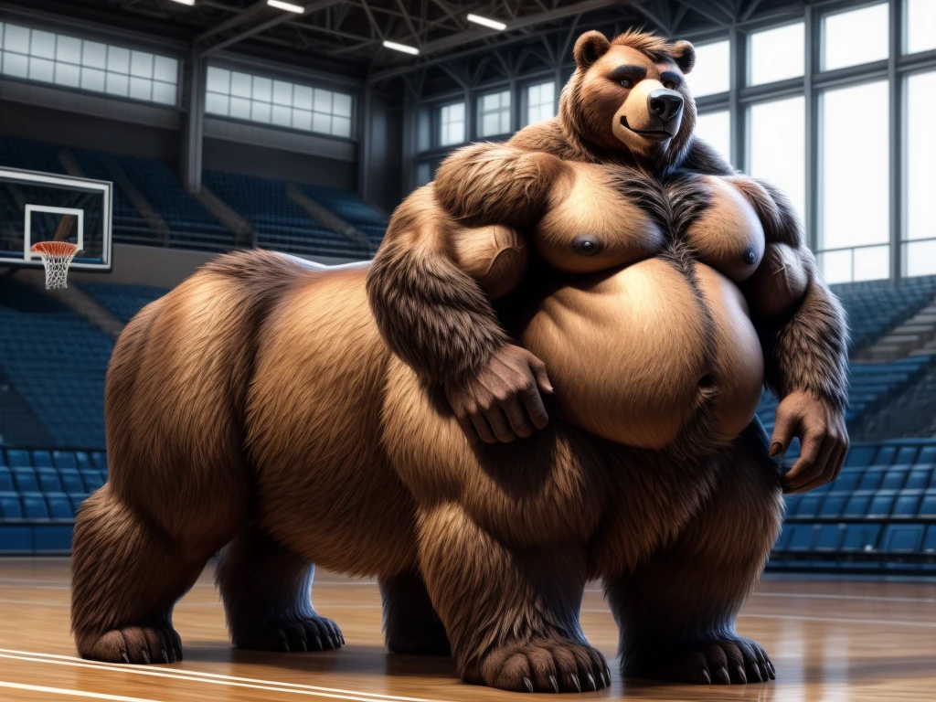 furry, fur taur, beartaur, middle-age, solo,1man, detailed face, bear ears, bear eyes(brown), bear nose(black), bear mouth, beard(grey), mature hair(grey), detailed arms, thick arms, muscular, thick hands(5 fingers), detailed body belly, thick body, muscle belly(white), thick chest, chest hair(white), nipples, detailed taur body, thick taur body, thick bear paws, thick bear tail, full body shot, standing on the court