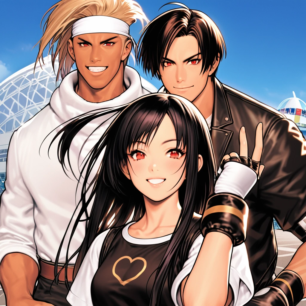 Orochikyo, Two people, Dark Skin, Red eyes, Black jacket, Fingerless gloves, Black Hair, White T-shirt, White headband, Black trousers, White shoes, Tea belt, good looking, shot, Charm, masterpiece, High resolution, Detailed face, fine grain, Daytime,men and women, Same hairstyle and clothes, peace sign. blue sky, Laughing in front of the Tokyo Dome, A confident smile, men and women, Same hairstyle and clothes, peace signをしている