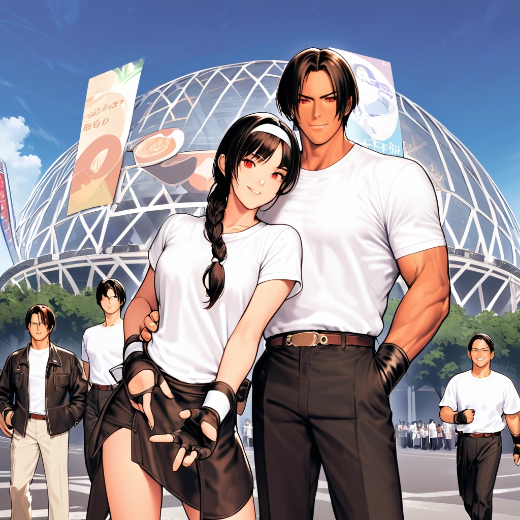Orochikyo, Two people, Dark Skin, Red eyes, Black jacket, Fingerless gloves, Black Hair, White T-shirt, White headband, Black trousers, White shoes, Tea belt, good looking, shot, Charm, masterpiece, High resolution, Detailed face, fine grain, Daytime,men and women, Same hairstyle and clothes, peace sign. blue sky, Laughing in front of the Tokyo Dome, A confident smile, men and women, Same hairstyle and clothes, peace signをしている