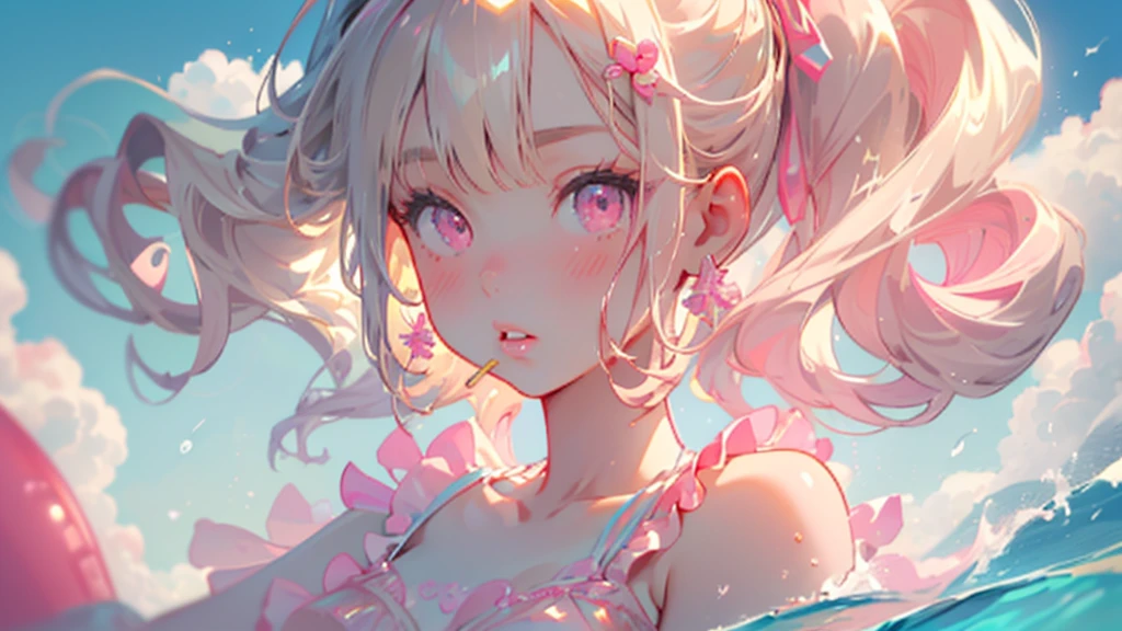 ((masterpiece、Highest quality、Very detailed))、One Girl、Face close-up、blonde、long hair、((ponytail))、Bright pink eyes、Earrings、blush、Watery eyes、((Pink Lips))、((Open your mouth))、Medium chest、((Swimwear))、((Upper Body))、